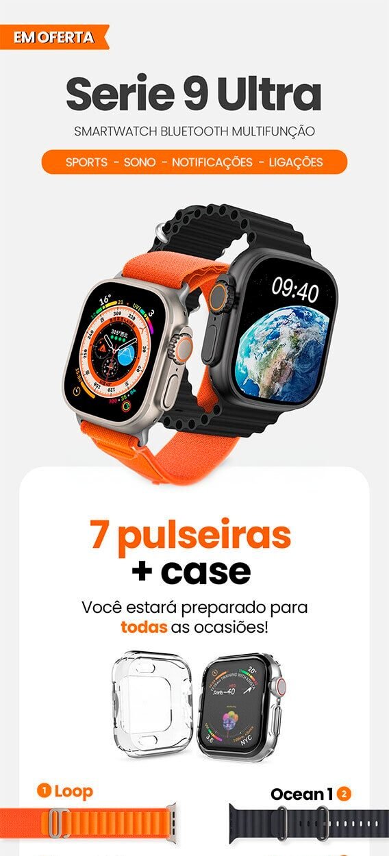 SmartWatch - Serie 9 Ultra Original (Brinde 7 Pulseiras + Case) - Clube Boss