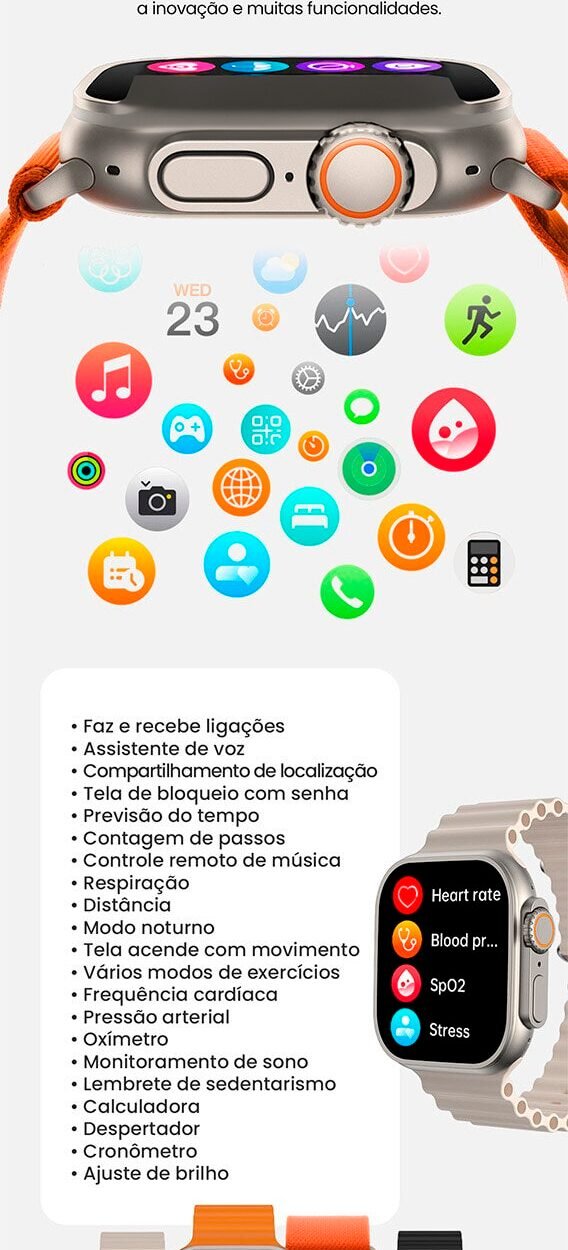 SmartWatch - Serie 9 Ultra Original (Brinde 7 Pulseiras + Case) - Clube Boss