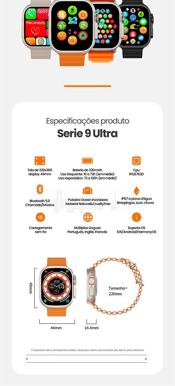 SmartWatch - Serie 9 Ultra Original (Brinde 7 Pulseiras + Case) - Clube Boss